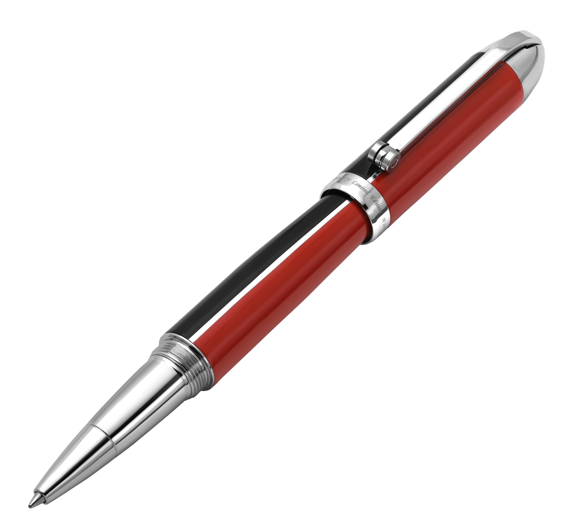 Xezo - Angled 3D view of the front of the Visionary Red/Black R Rollerball pen
