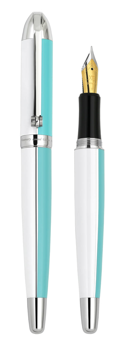Xezo - Vertical view of two Visionary Sky Blue/White F Fountain pens; the one on the left is capped, and the one on the right is uncapped