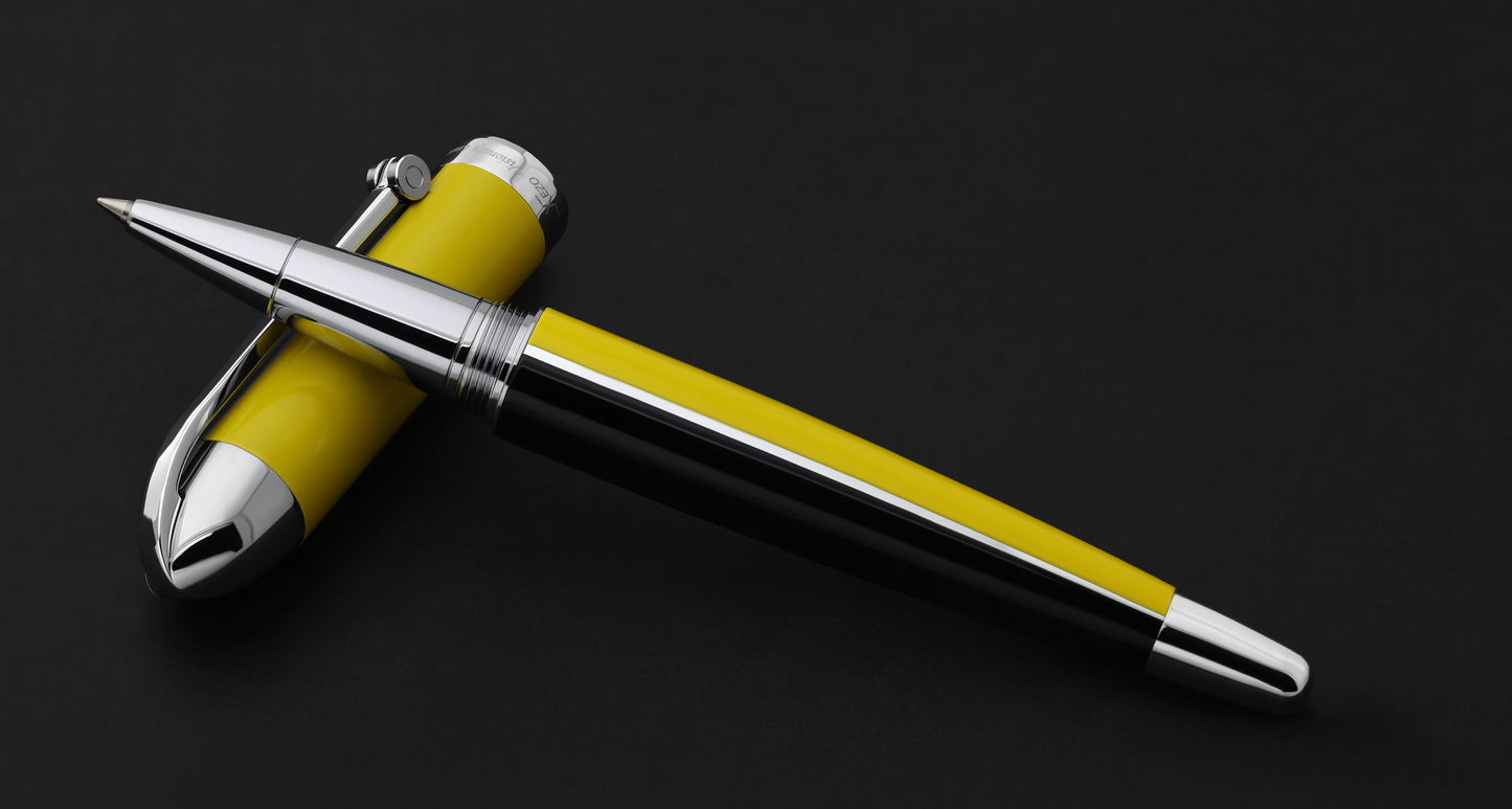 Xezo - Visionary Speed Yellow/Black R Rollerball pen resting on its cap