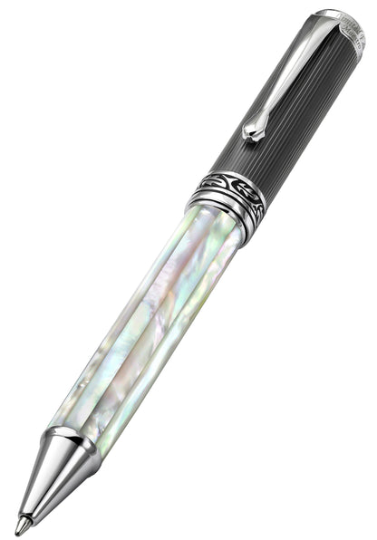 A Maestro White MOP PVD B ballpoint pen standing on a turning pen stand