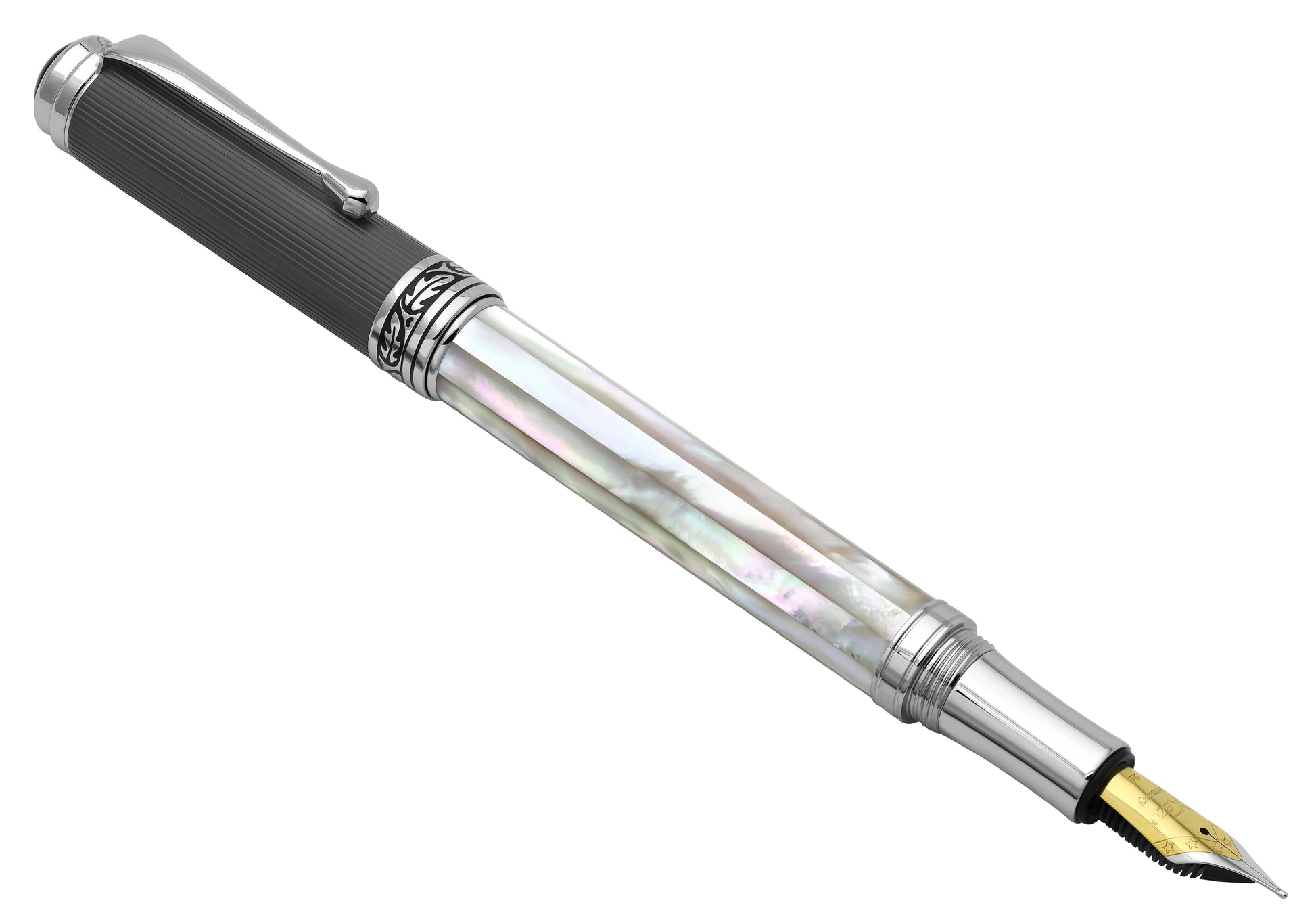 Second angled 3D view of the front of the Maestro White MOP PVD B ballpoint pen