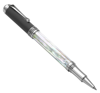 Angled side view of the Maestro White MOP PVD R rollerball pen, with the cap posted on the end of the barrel