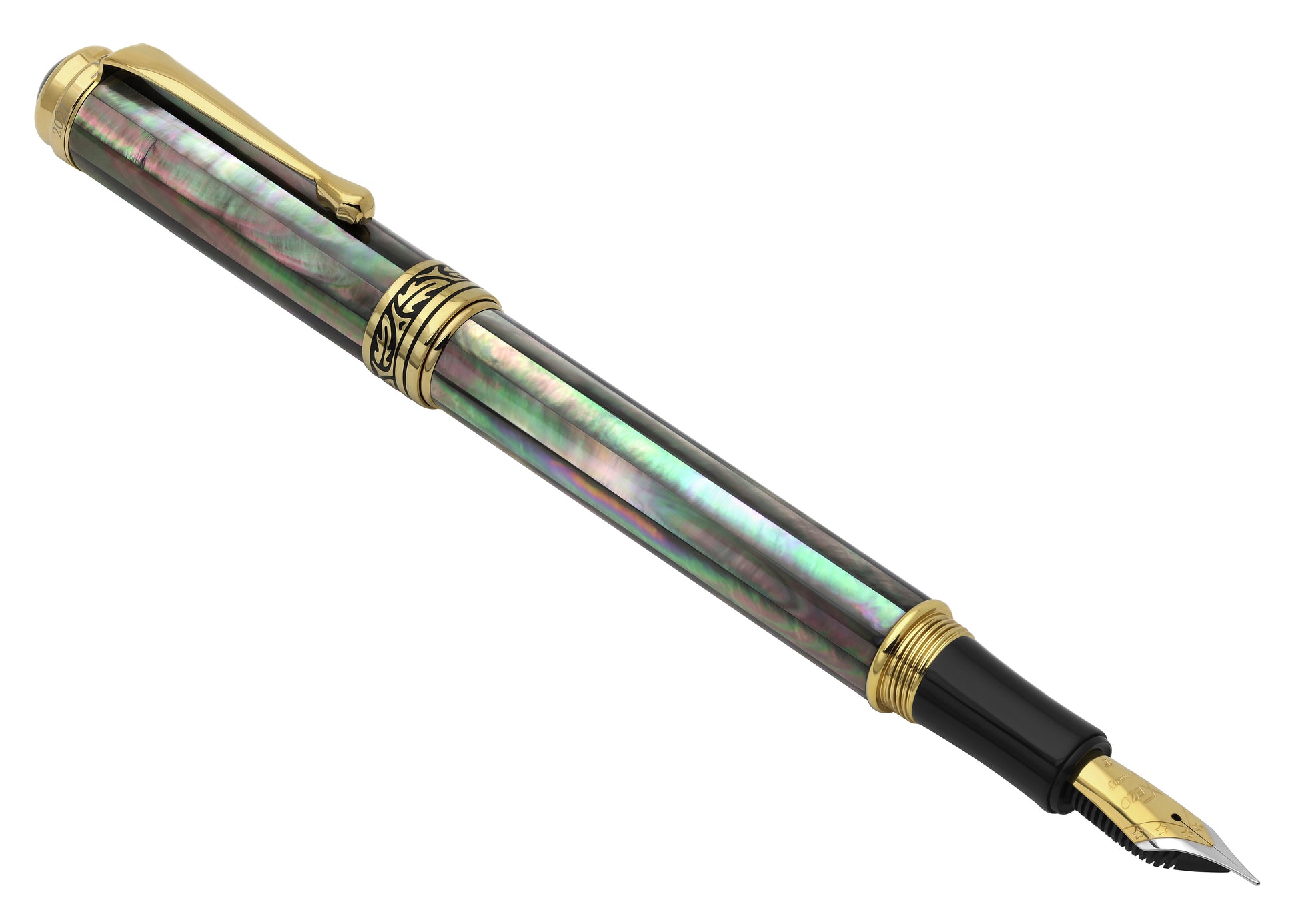 Xezo - Angled 3D view of the front of the Maestro Tahitian Black MOP F Fountain pen