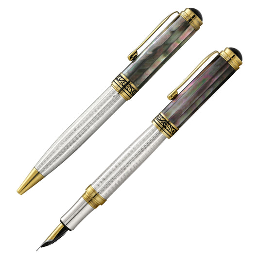 Maestro® 925 Sterling Silver Fountain (Fine Nib) and Ballpoint Pen Set - Tahitian Black Mother of Pearl Cap