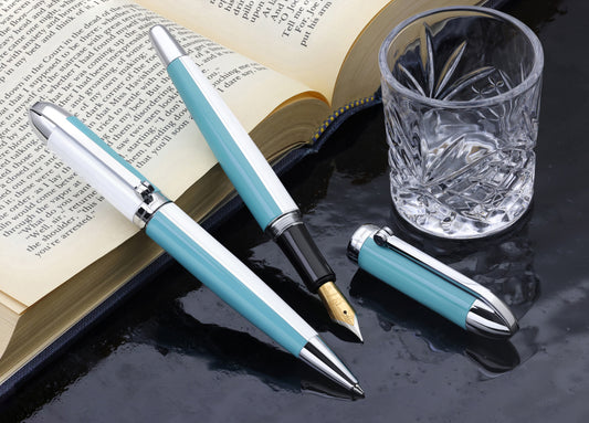 Visionary® Brass & Aluminum Enameled Fountain Pen (Medium Nib) and Ballpoint Pen Set - Sky Blue / White