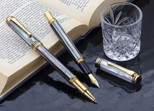 Maestro® Black and White Mother of Pearl Fountain Pen (Medium Nib) and Rollerball Pen Set - 18K Gold Plated