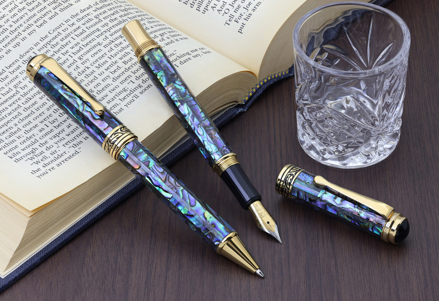 Maestro® Paua Abalone Sea Shell Fountain Pen (Fine Nib) and Ballpoint Pen Set - 18K Gold Plated