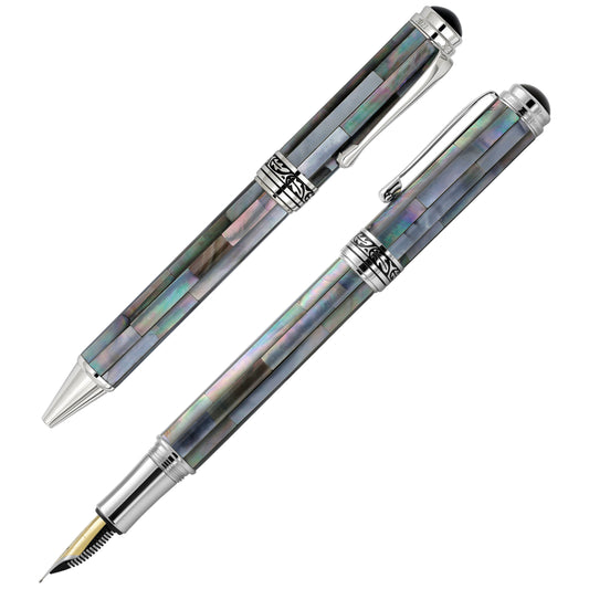 Maestro® Black Mother of Pearl Fountain Pen (Medium Nib) and Ballpoint Pen Set - Platinum Plated