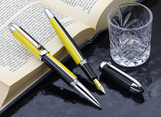 Visionary® Brass & Aluminum Enameled Fountain Pen (Fine Nib) and Rollerball Pen Set - Speed Yellow / Black