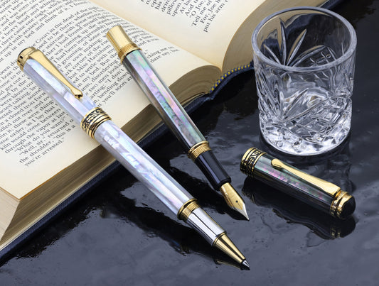 Maestro® Oceanic White Mother of Pearl Fountain Pen (Medium Nib) and Tahitian Black Mother of Pearl Rollerball Pen Set - 18K Gold and Pure Platinum Plated