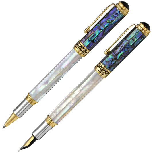 Maestro® 18K Gold Plated Fountain Pen (Fine Nib) and Rollerball Pen Set - Oceanic White Mother of Pearl & Paua Abalone