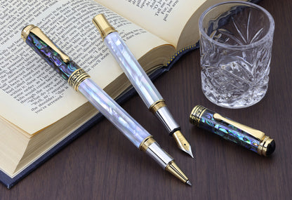 Maestro® 18K Gold Plated Fountain Pen (Fine Nib) and Rollerball Pen Set - Oceanic White Mother of Pearl & Paua Abalone