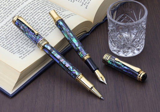 Maestro® Paua Abalone Sea Shell Fountain Pen (Medium Nib) and Rollerball Pen Set - 18K Gold Plated