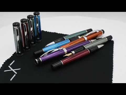 Rotating view of Xezo Incognito Pens in Blue, Burgundy, Zinc, Forest Green, Purple, and Sunstone orange.