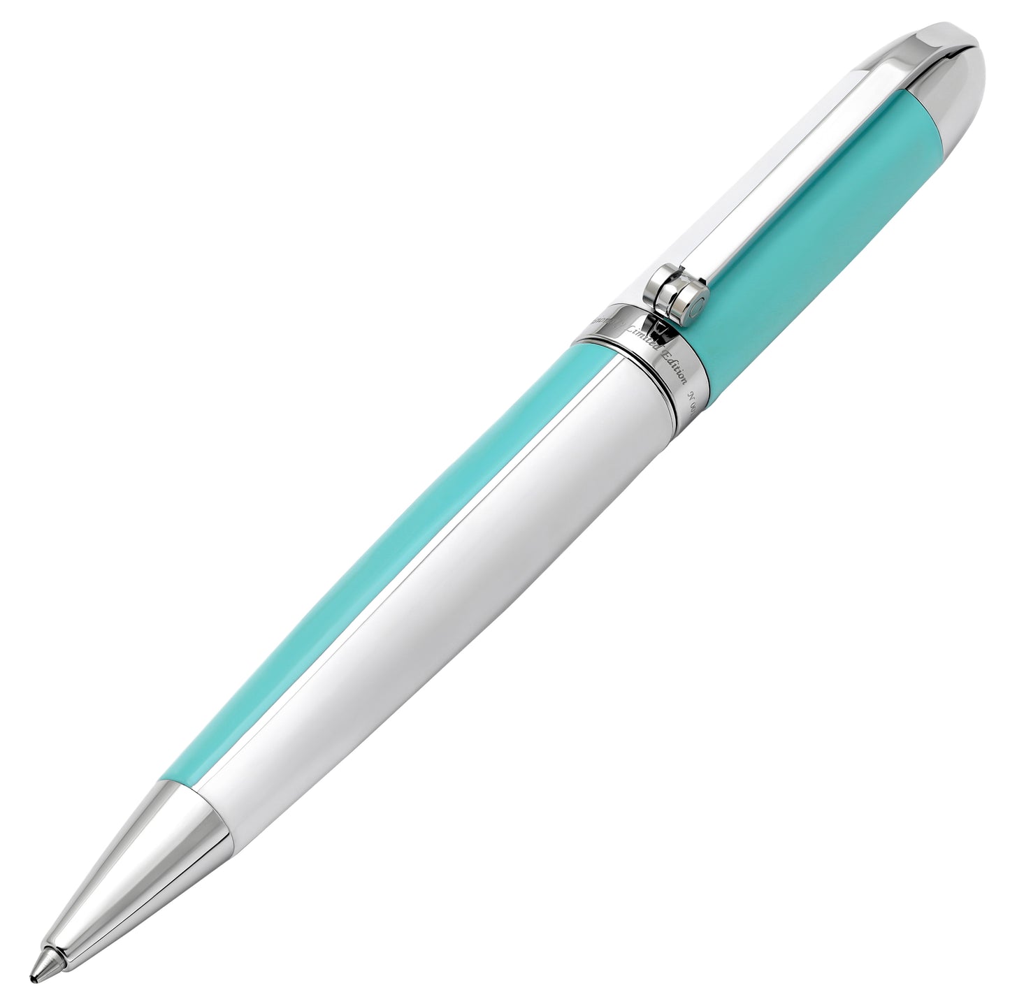 Xezo - Angled view of the front of the Visionary Sky Blue/White B ballpoint pen in twisted-tip position