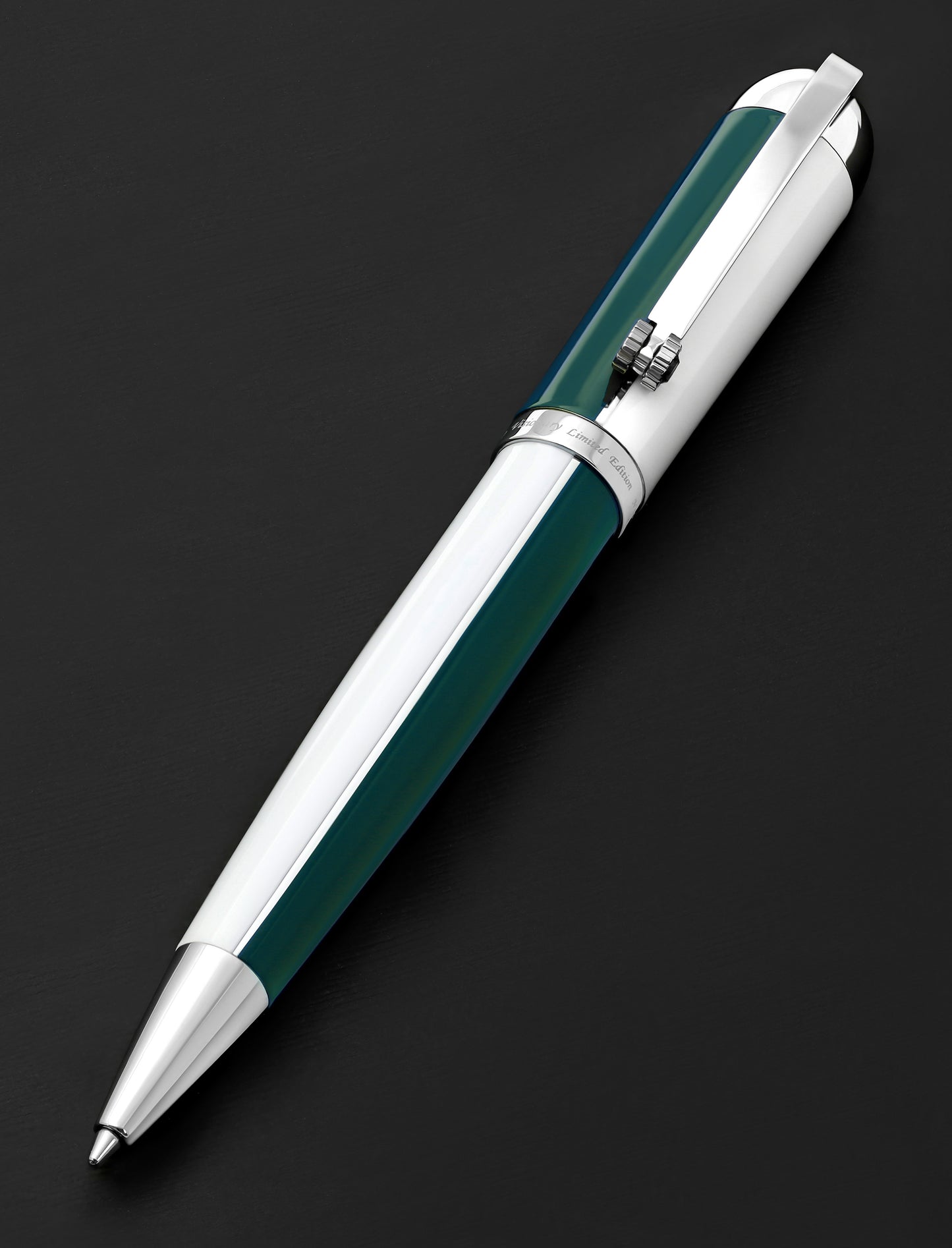 Xezo - Overview of the front of the Visionary Teal Green/White B ballpoint pen in twisted-tip position