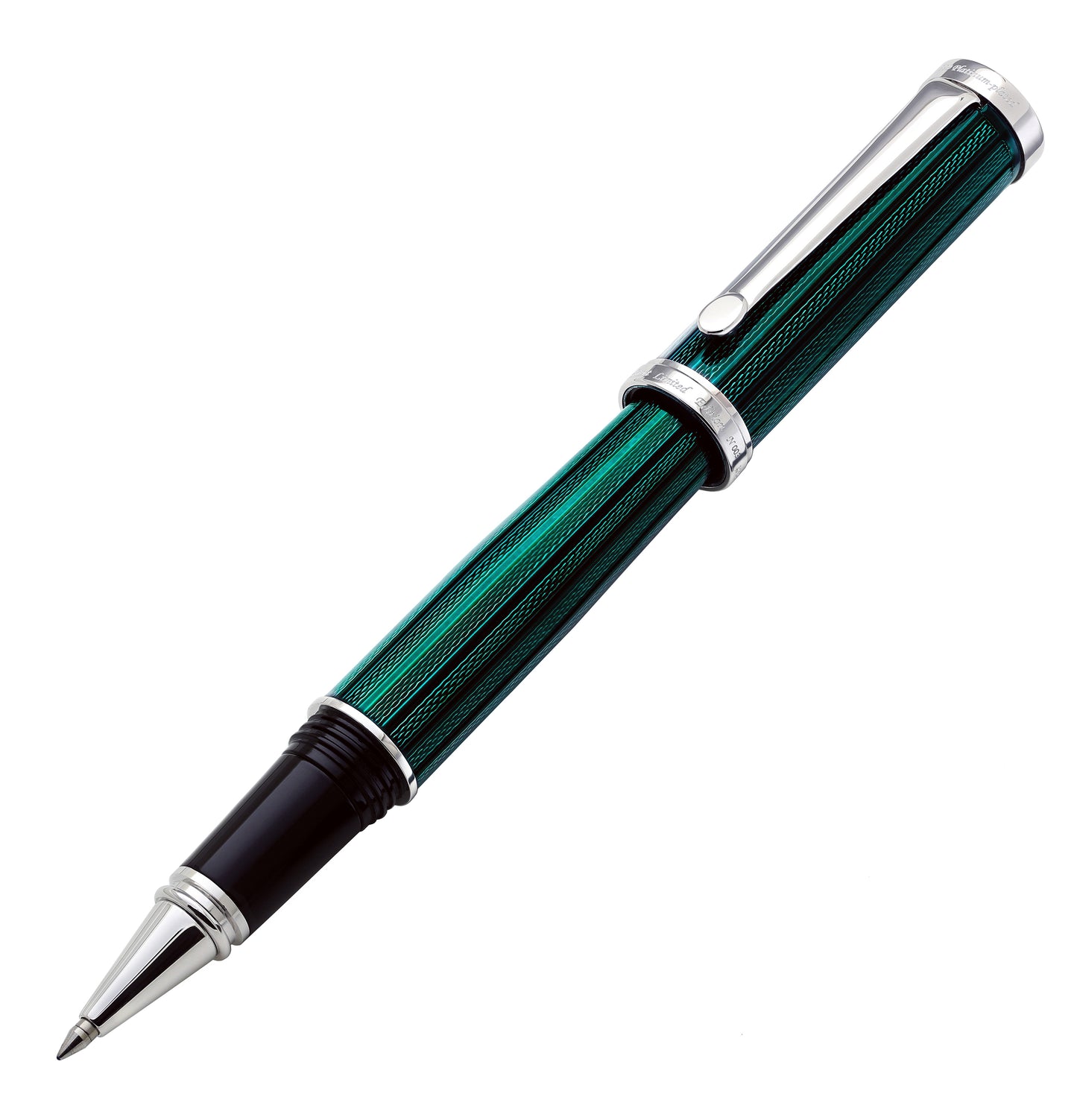 Xezo - Emerald green colored rollerball pen from the Architect series, 3D angle view. - Architect Emerald R