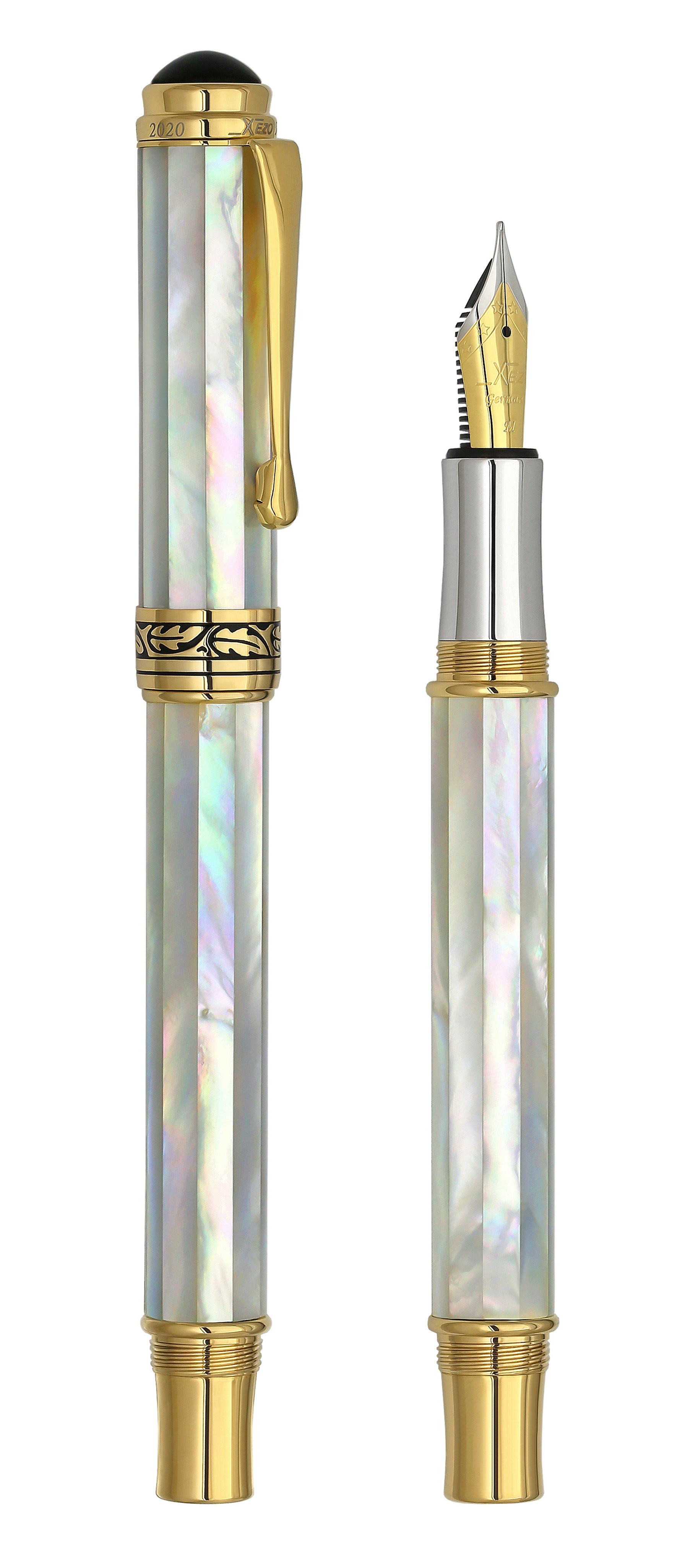 Xezo - Vertical view of two Maestro White MOP FM fountain pens; the one on the left is capped, and the one on the right is uncapped