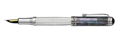 Xezo - Horizontal side view of the Maestro 925 BL MOP FM fountain pen with the cap posted on the end of the barrel