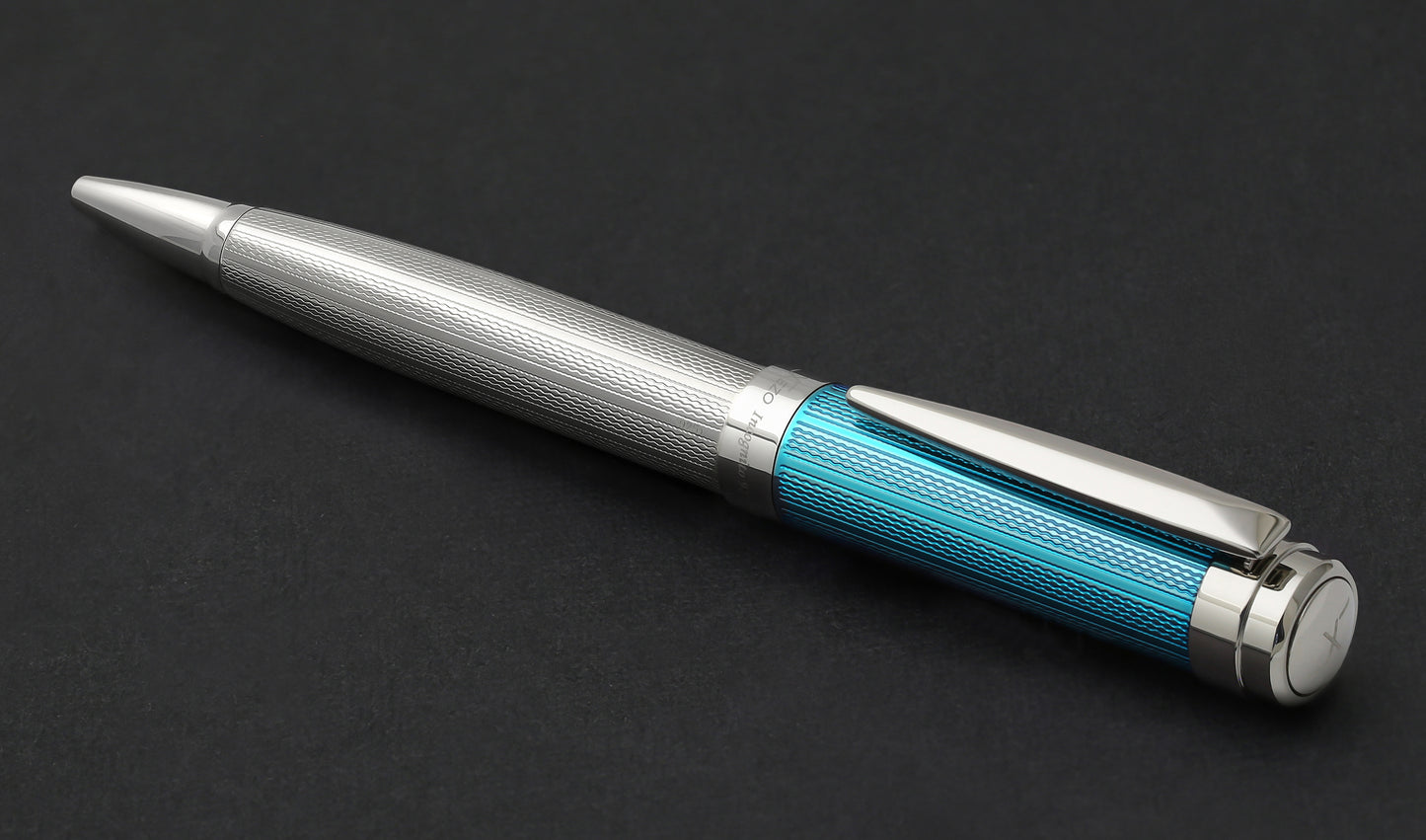 Xezo - Angled view of the back of the Incognito 925 SS Azure B ballpoint pen