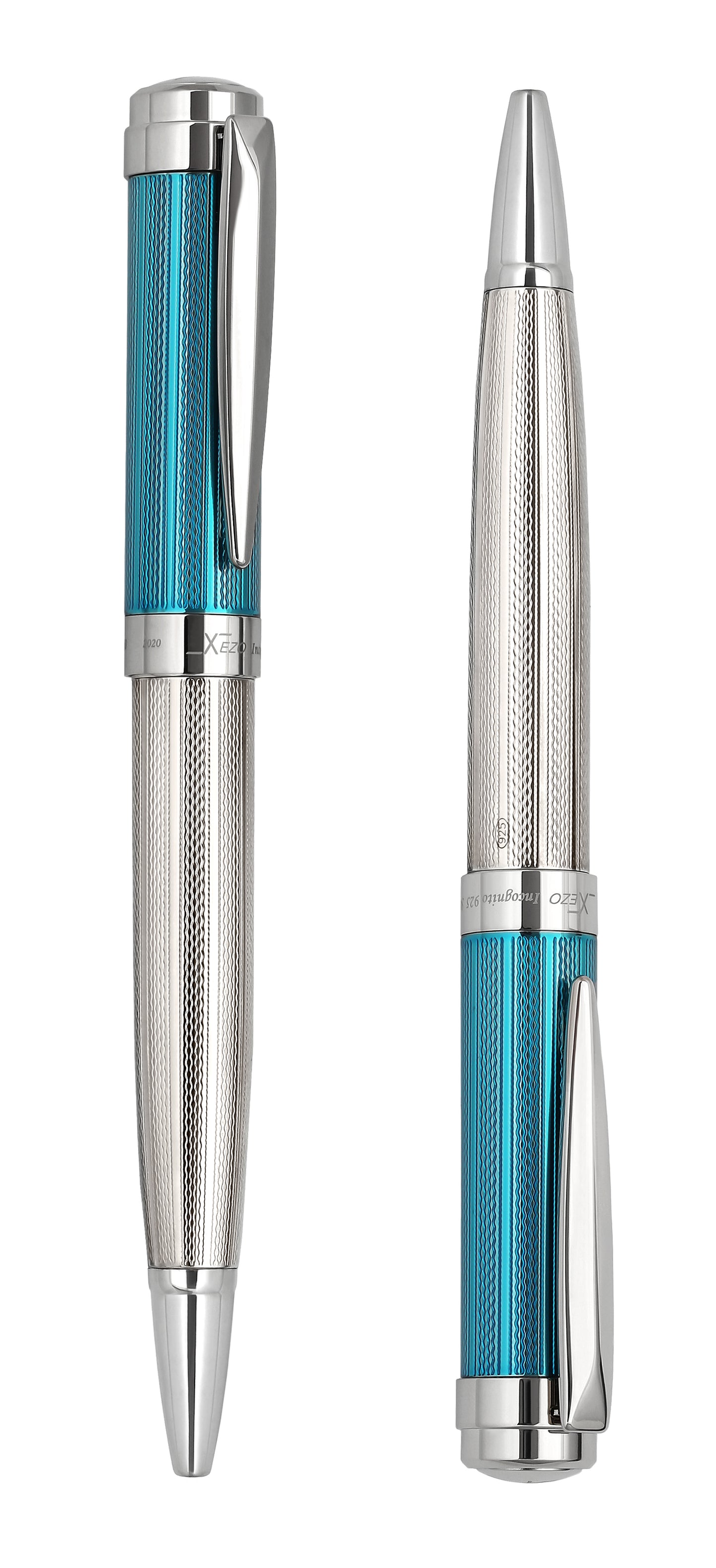 Xezo - Angled view of the front of two Incognito 925 SS Azure B ballpoint pens