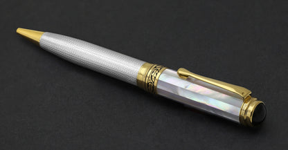 Angled 3D view of the back of the Maestro White MOP B ballpoint pen