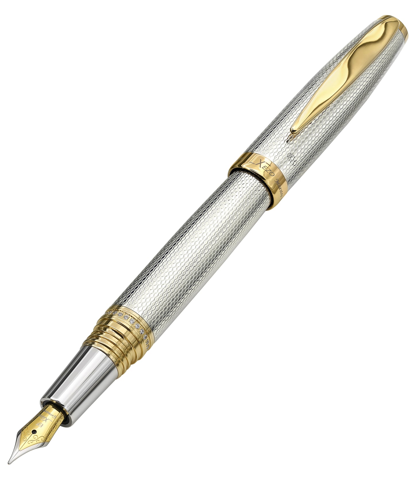 Xezo - Angled view of the front of the Maestro 925 Sterling Silver EF fountain pen