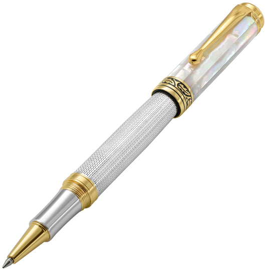 Xezo - Angled view of the front of the Maestro 925 White MOP R rollerball pen