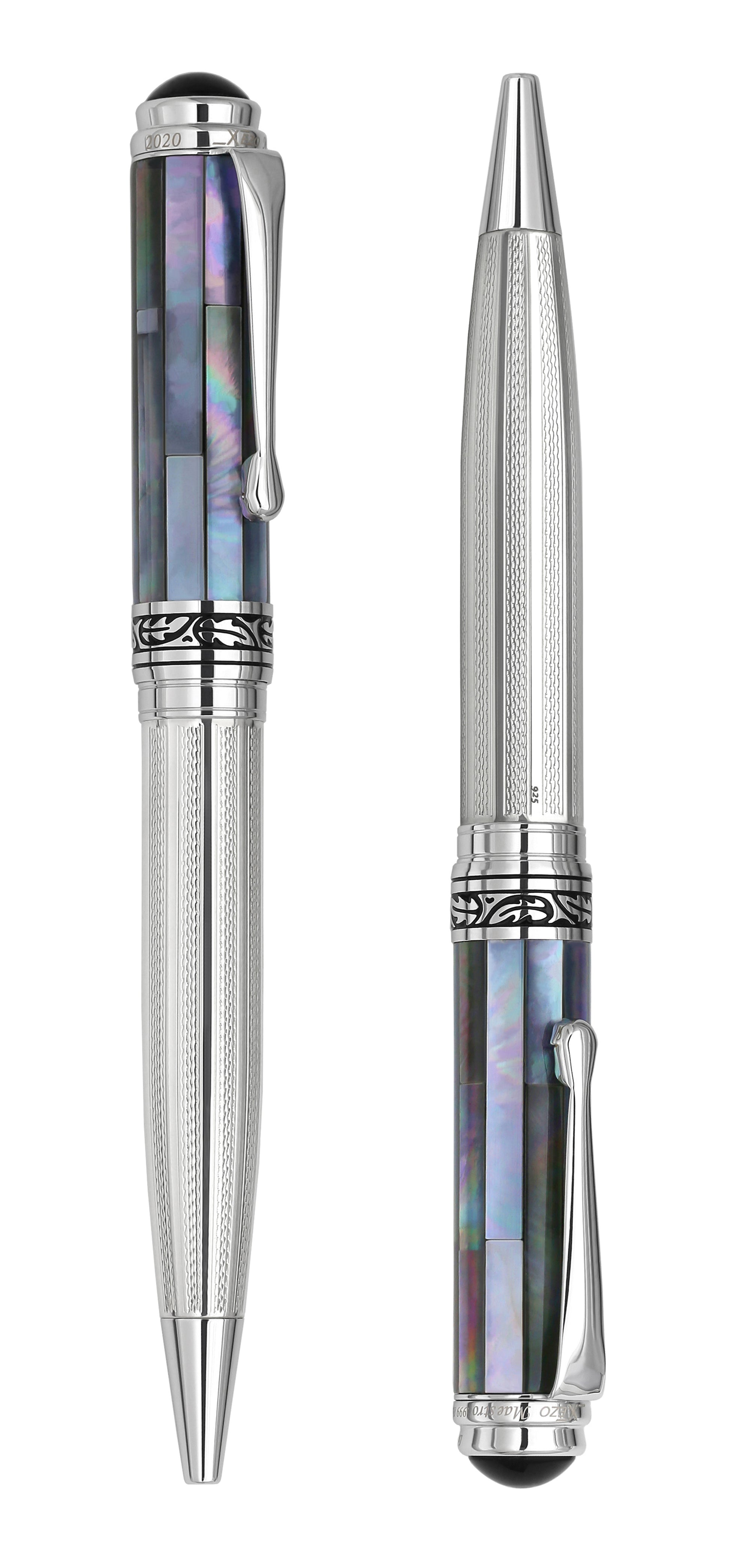 Xezo - Angled view of the side of two Maestro 925 BL MOP B ballpoint pens
