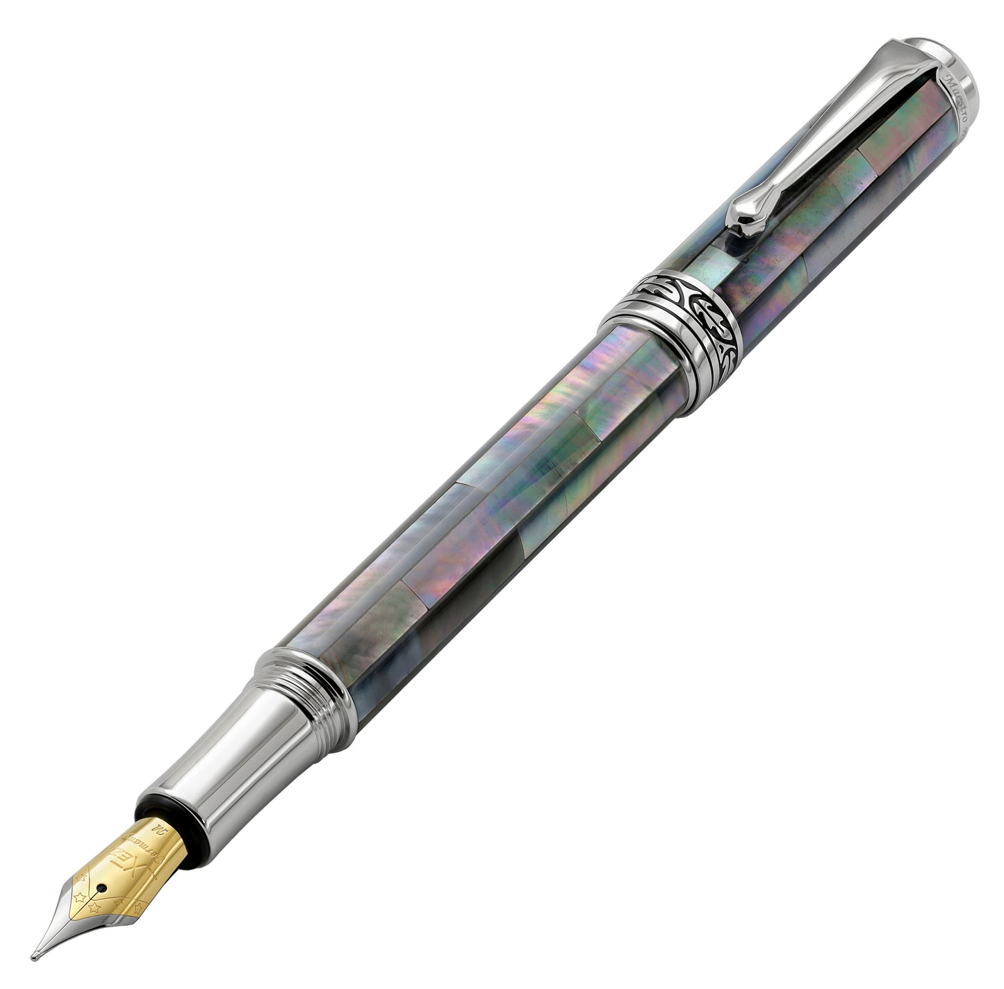 Xezo - Angled front view of the Maestro Black Mother of Pearl FBP-M fountain pen