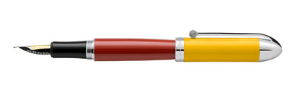 Xezo - Horizontal side view of the Visionary Aspen/Red F fountain pen, with the cap posted on the end of the barrel