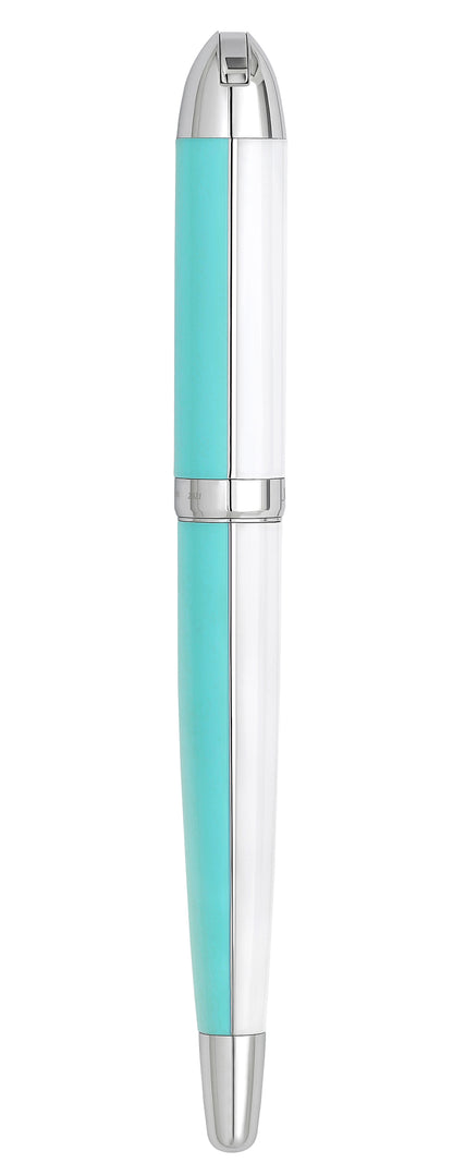 Xezo - Horizontal view of a capped Visionary Sky Blue/White F fountain pen