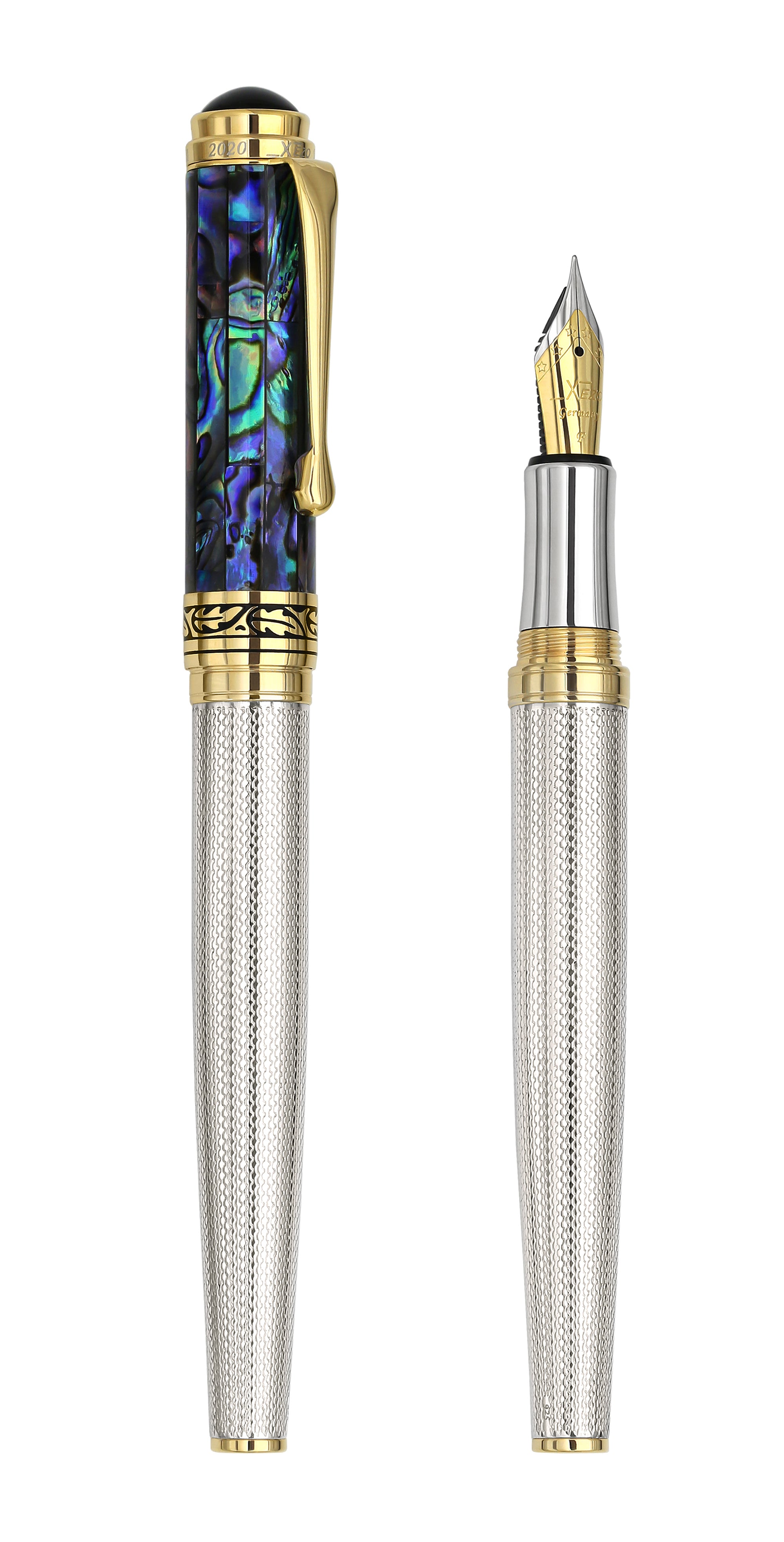 Xezo Maestro Twist Action Ballpoint Pen, Medium point. Oceanic White Mother of Pearl with 925 Sterling Silver and 18 Karat Gold plating. Handcrafted