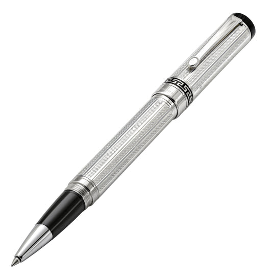 Xezo - Angled 3D view of the front of the Tribune 925 Sterling Silver R rollerball pen