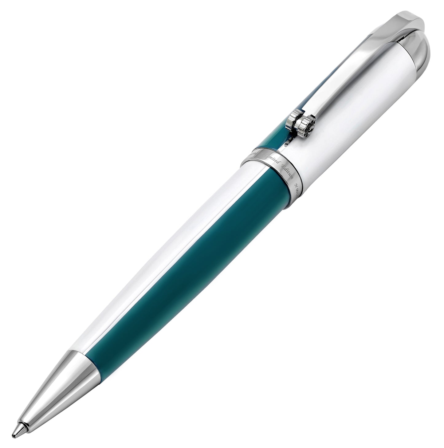 Xezo - Angled 3D view of the Visionary Teal Green/White B ballpoint pen in twisted-tip position