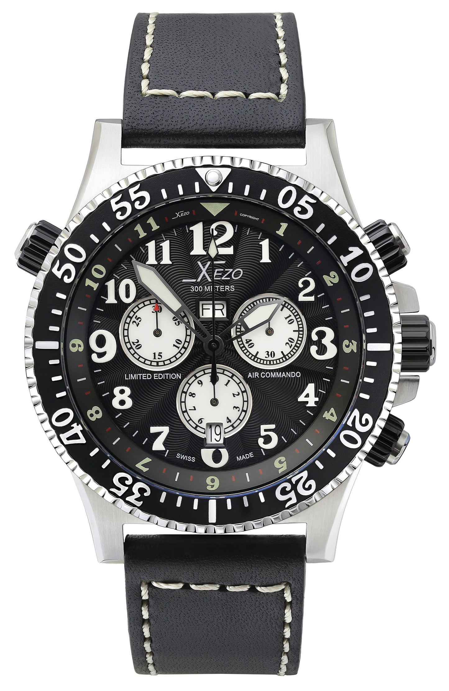 Xezo - Front view of the Air Commando D45-GS-L watch with black leather strap