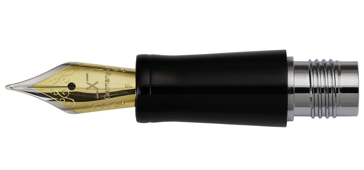 Xezo - Front view of a Fine Fountain Nib with gold-plated body, stainless steel tines and black grip - Compatible with Freelancer, Incognito, Phantom, and Tribune fountain pens. The body of the nib has motif patterns.