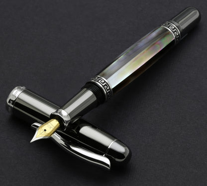 Xezo - Maestro Black MOP Tungsten FPL-2 fountain pen resting on its cap