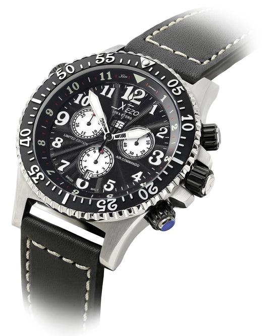 Xezo - Angled view of the front of the Air Commando D45-GS-L watch with black leather strap