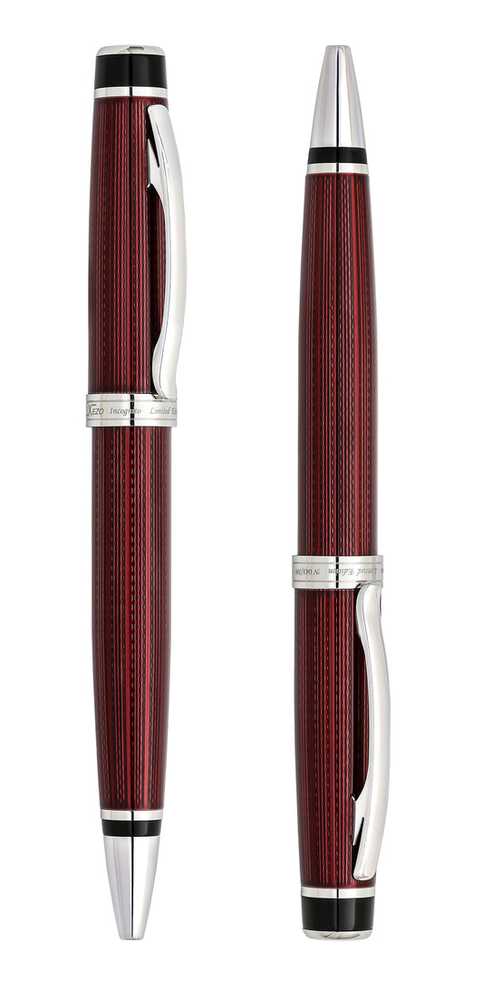 Xezo - Angled side view of two Incognito Burgundy B ballpoint pens