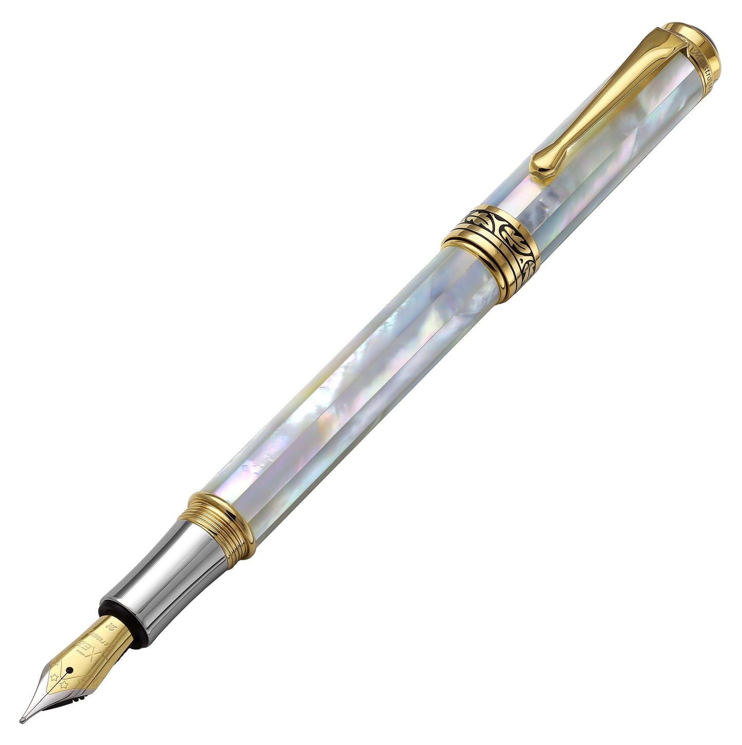 Angled front view of the Maestro White MOP FM fountain pen