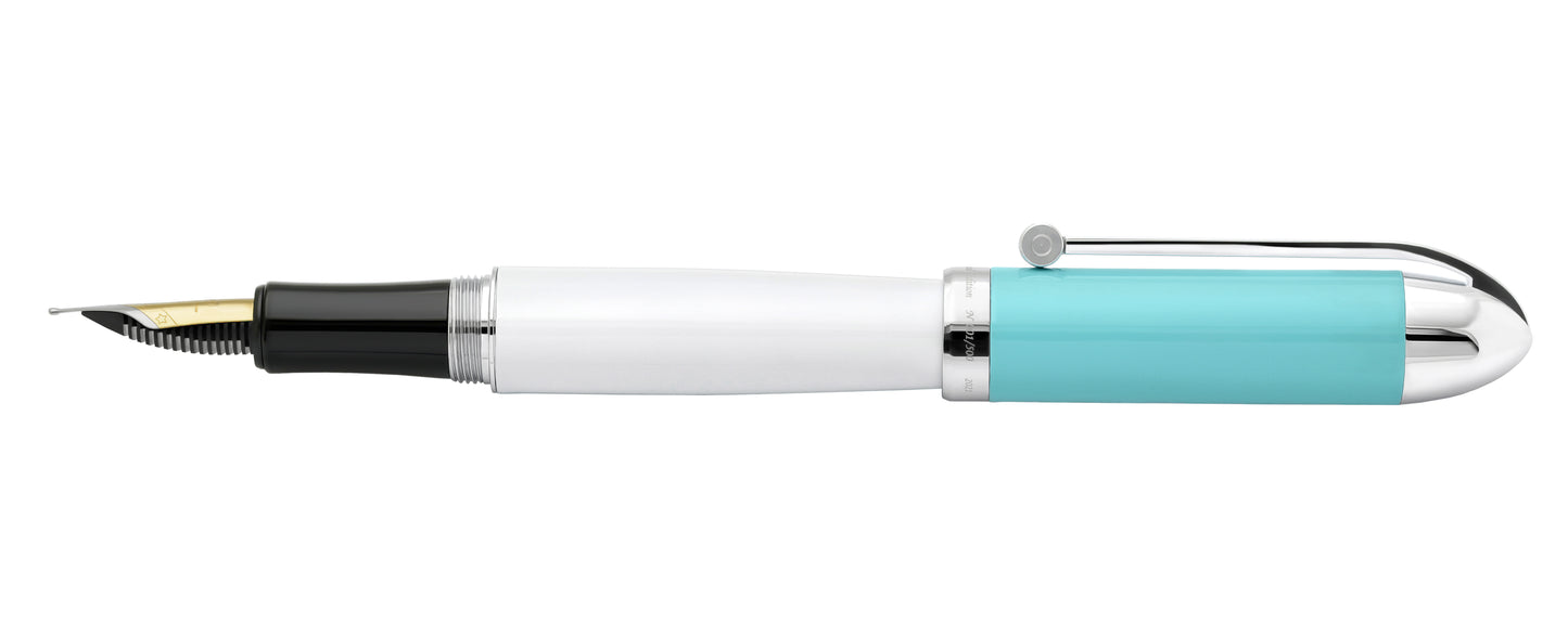 Xezo - Horizontal side view of the Visionary Sky Blue/White F fountain pen, with the cap posted on the end of the barrel