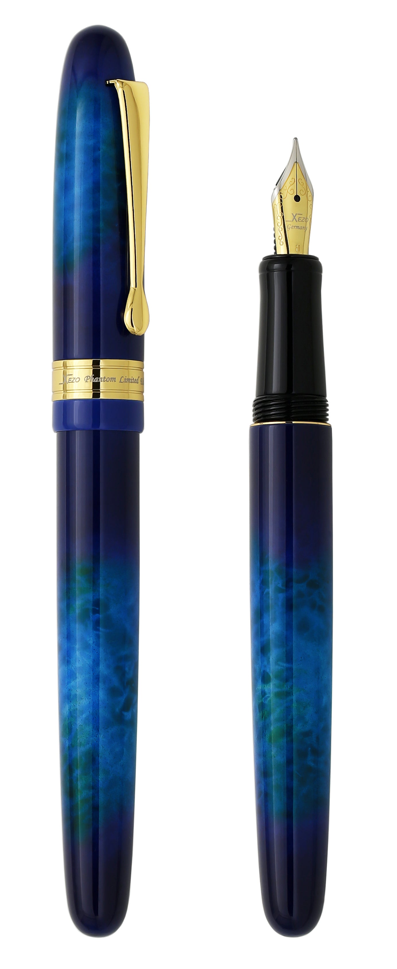 Xezo – Comparison between 3/4 view of the capped and uncapped Phantom Stardust M fountain pens