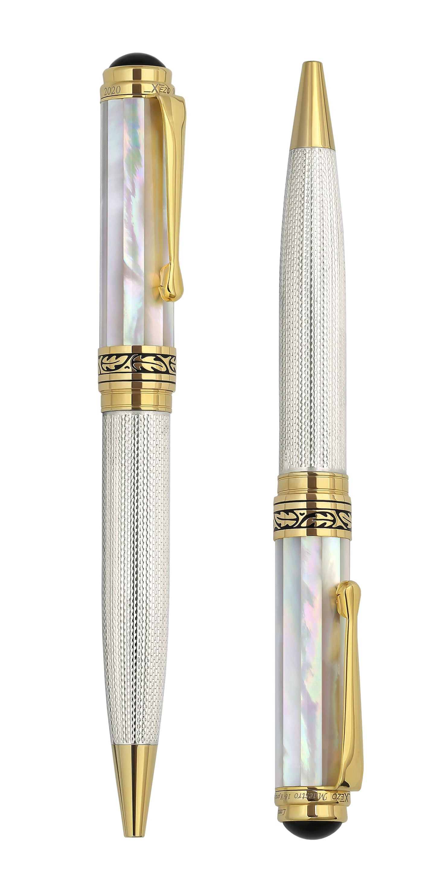 Two vertical Maestro White MOP B ballpoint pens