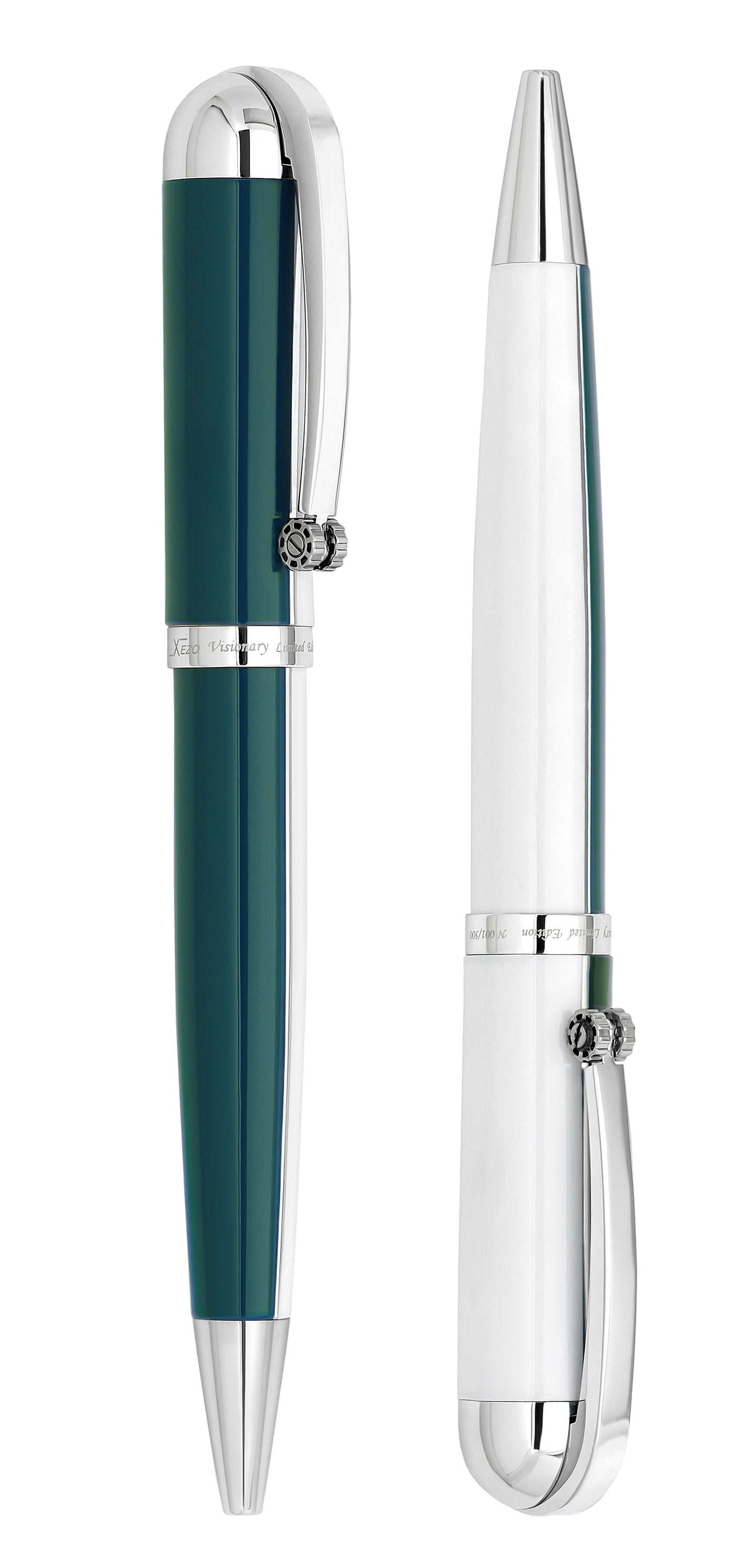 Xezo - Comparison between two side views of the Visionary Teal Green/White B ballpoint pen in neutral-tip position