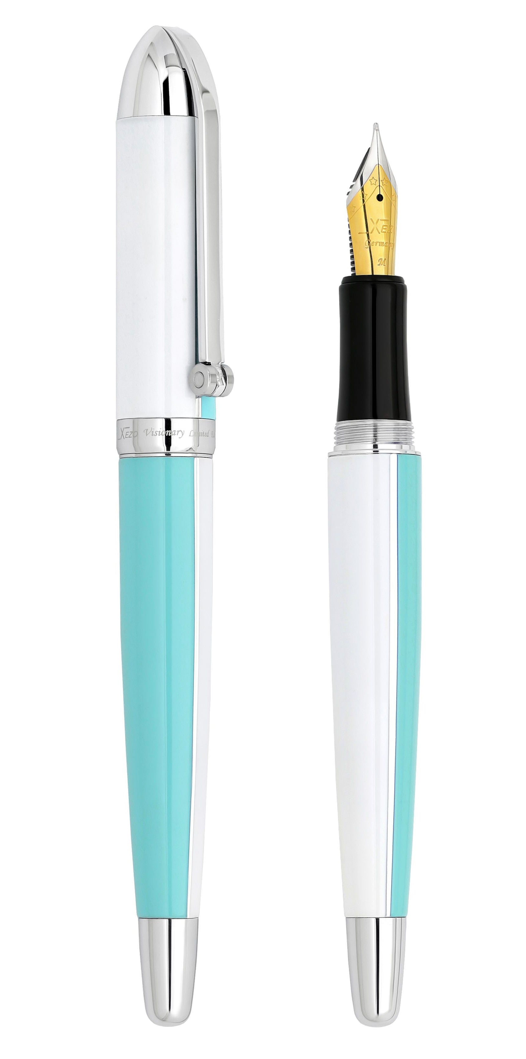 Xezo – Comparison between 3/4 view of capped and uncapped Visionary Sky Blue/White FM fountain pens