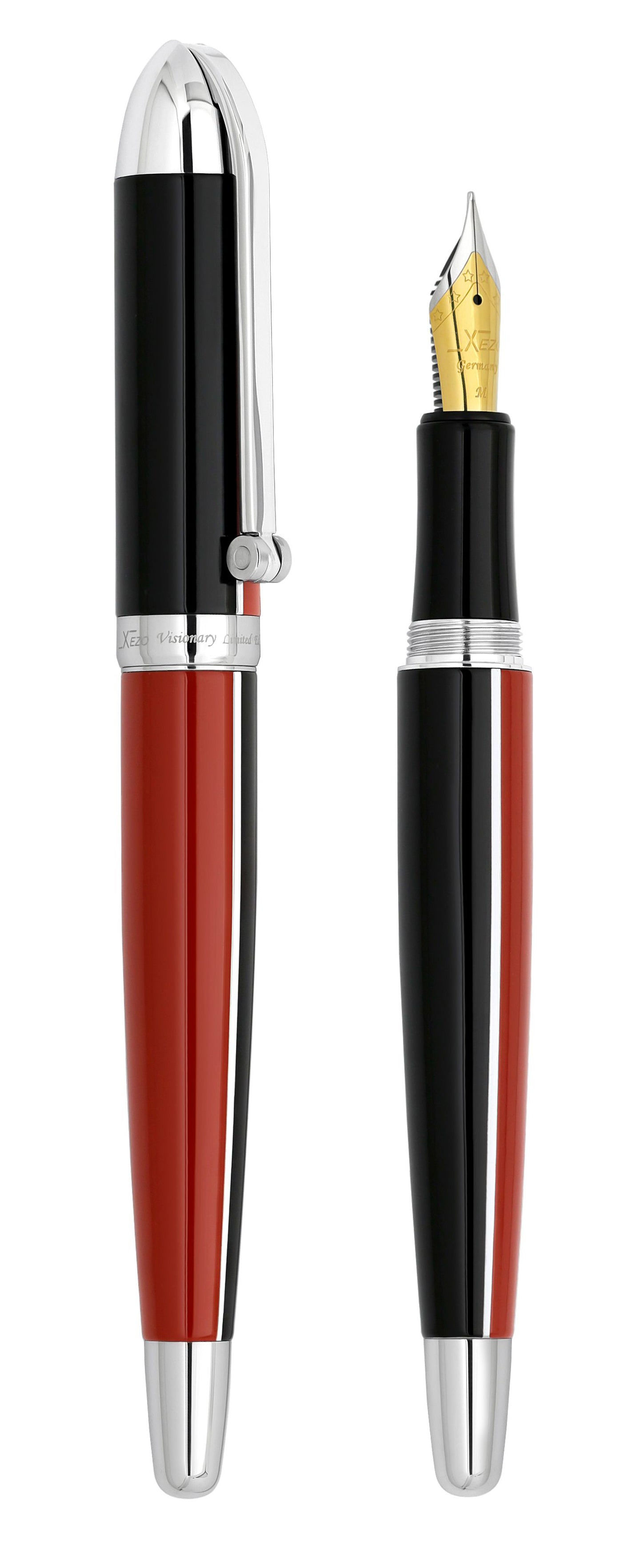 Xezo – Comparison between 3/4 view of capped and uncapped Visionary Red/Black FM fountain pens