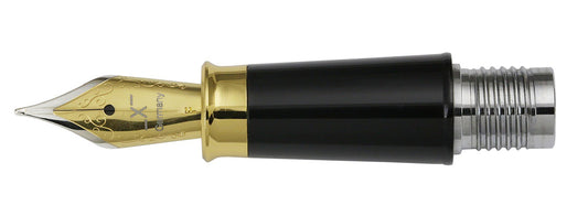 Xezo - Front view of a Fine Fountain Nib - with gold-plated body, stainless steel tines and black and gold grip - Compatible with Legionnaire fountain pens. The body of the nib has motif patterns.