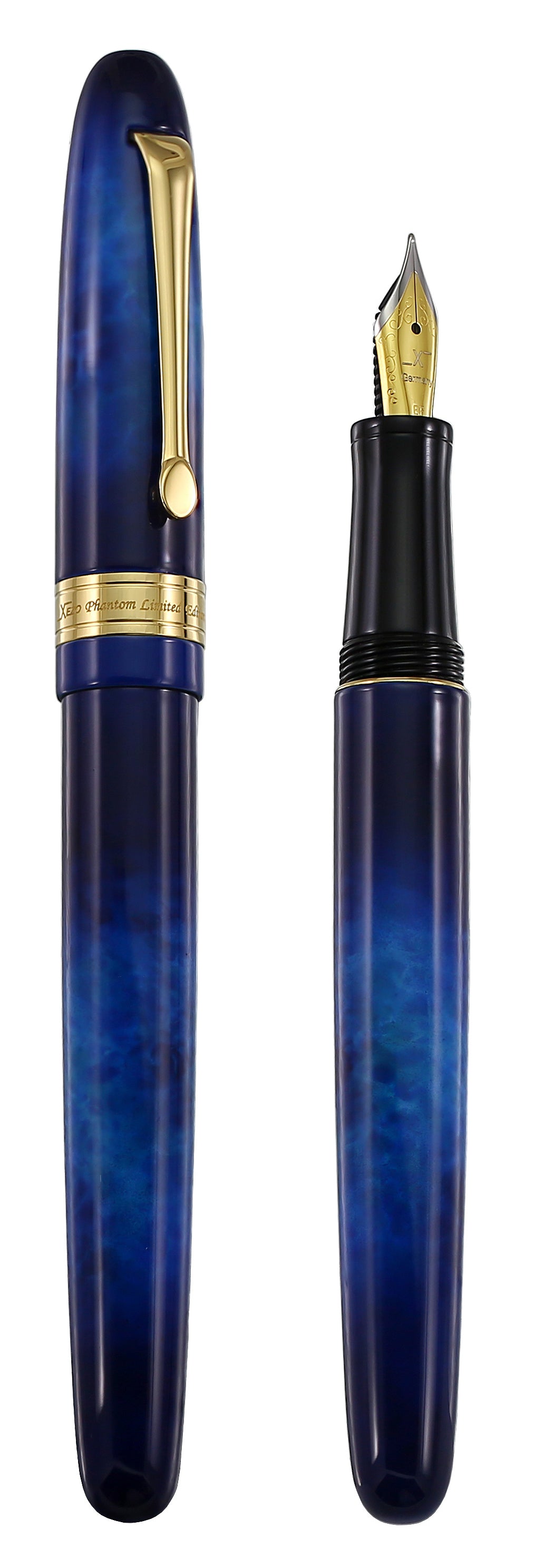 Xezo – Comparison between 3/4 view of the capped and uncapped Phantom Stardust F fountain pens