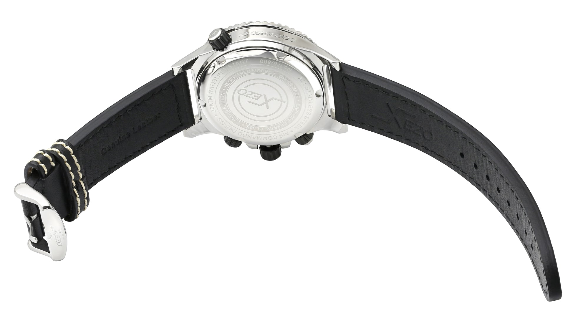 Xezo - Overview of the back of the Air Commando D45-GS-L with black leather strap